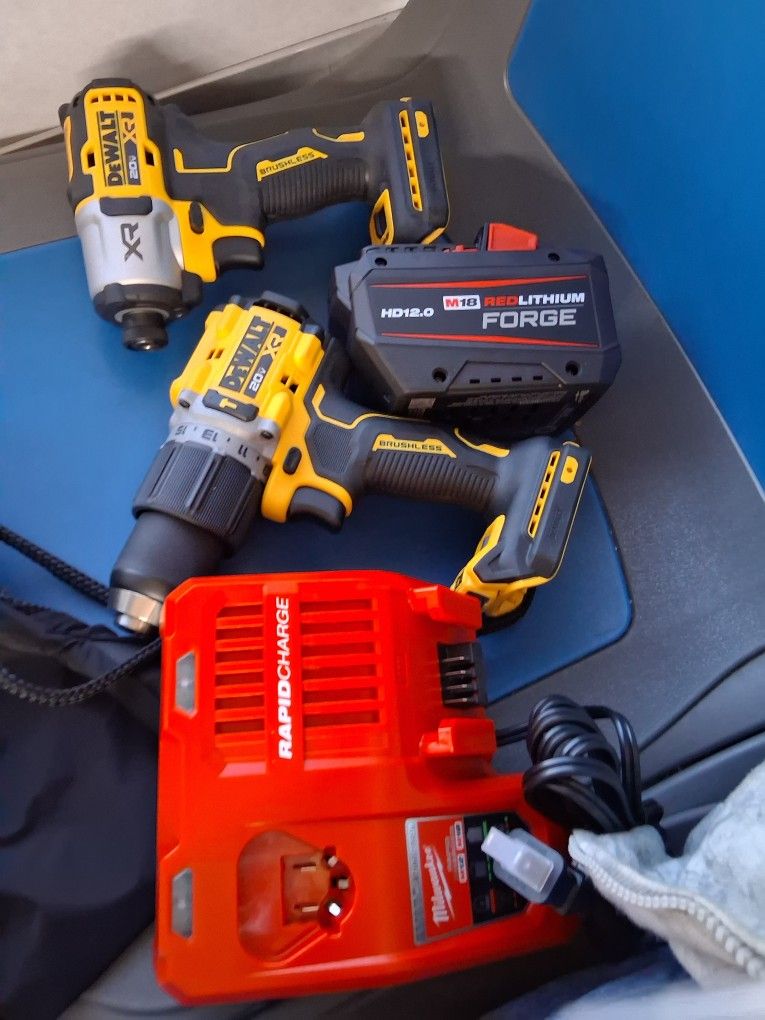BRAND NEW MILWAUKEE M18 HD12.0 REDLITHIUM FORGE BATTERY & M12-M18 RAPID CHARGER BRAND NEW DEWALT XR IMPACT & DEWALT XR HAMMER DRILL DRIVER