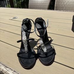 GIUSEPPE ZANOTTI Black Satin Crystal Embellished Sandals, Size 37