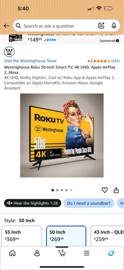 Westinghouse 50 inch smart tv 4K