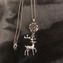 Silver Reindeer Snowflake 19” Necklace Winter Jewelry