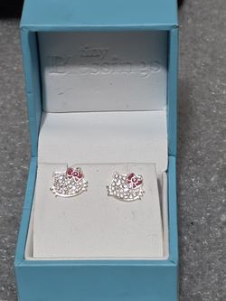 Hello Kitty Little Blessings Stud Earrings .925 Sterling Silver JCM Sanrio Blue 