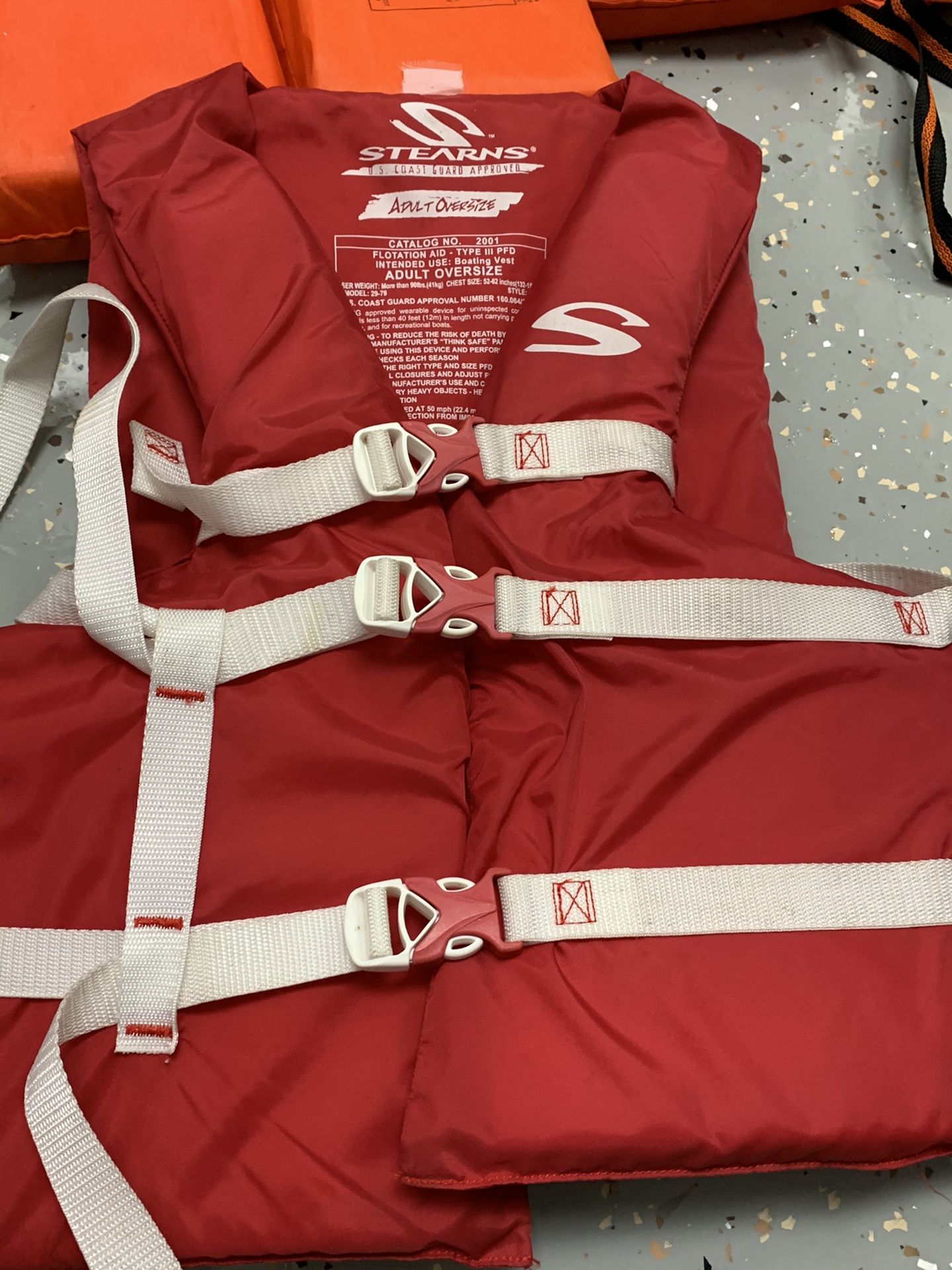 (5) Life Jackets And (1) Throwable. Stearns Coast Guard Approved, boating life jackets SEE