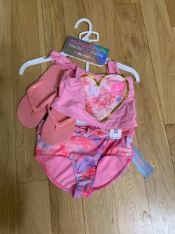 Girls Swimsuit 2 Piece & Flip Flops Size 5 Toddler girls