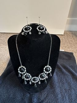 Liz Claiborne Black Bead and Clear Rhinestone Necklace and Earrings Set (16-18 Inches Long)