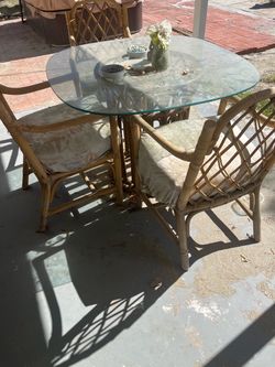 Free Vintage Rattan Patio Set 2 glass top tables five chairs