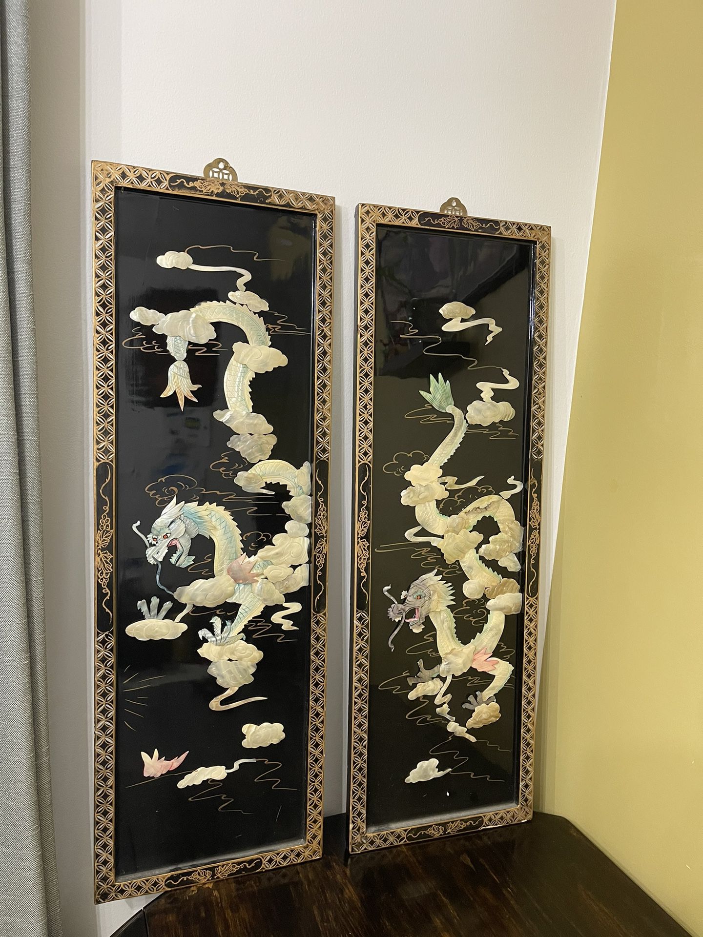 Antique Asian Art Black Lacquer Wall Panels 