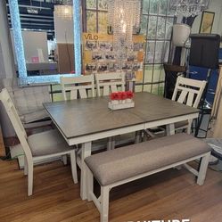 💝  60"-78" Antique Gray and White 6-Piece Dining Table Set with Bench, New In The Box.