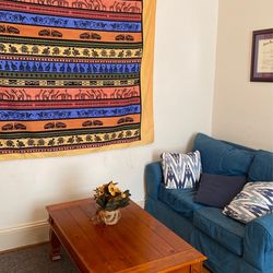 Coffee Table, End Tables , Love Seat, Lamps, Tapestry. Oh My