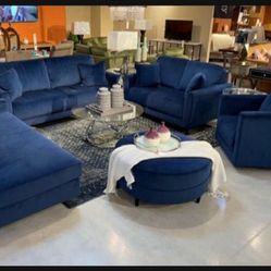 Blue Enderlin Sofa and Loveseat Velvet | Living Room Set 💥 In Stock ✅ Fast Delivery 🚚 