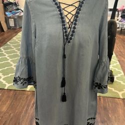 Forest Lily Women’s Size XL Blue Chambray 3/4 Sleeve Boho Hippie Dress 