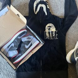 Black BAPE hoodie L with shark design and Nike sneakers 8 Sz in box.