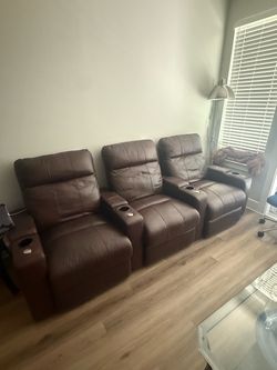 3-Seat Brown Leather Recliner Sofa with Cup Holders and Loveseat Sofa