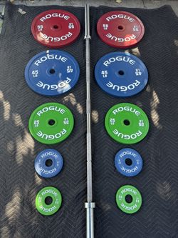 Rogue Calibrated plate set with stainless Rogue Ohio power bar for sale
