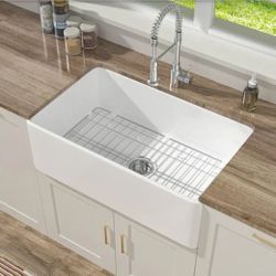 ✨️ HOMLYLINK Farmhouse Kitchen Sink 24 in. Apron Front Single Bowl White Fireclay Kitchen Sink with Bottom Grids and Drain Barn Sink W1810 Whs bb3D