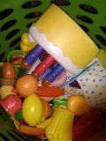 Large bin of play food