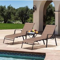 Lounge Chairs for Outside 3 Pieces Patio Chaise Lounge Outdoor Adjustable Textilene and Folding Pool