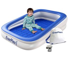 Kids Inflatable Travel Bed with Sides – Built-in Safety Bumper - Blue. Includes high speed pump