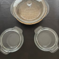 Brand New Anchor Clear Glass Casserole With Lid And Basket + 2 Ovenware Casseroles With Lids