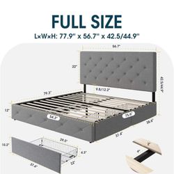 Full Size Bed Frame with 4 Storage Drawers, Platform Full Bed Frame with Diamond-Stitch Button Tufted Headboard, Mattress Foundation, No Box Spring Ne