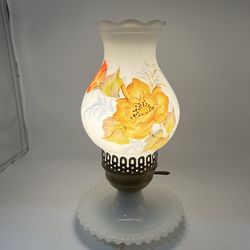 Vintage Milk Glass Electric Table Lamp Hand-Painted Yellow Roses Scalloped Shade