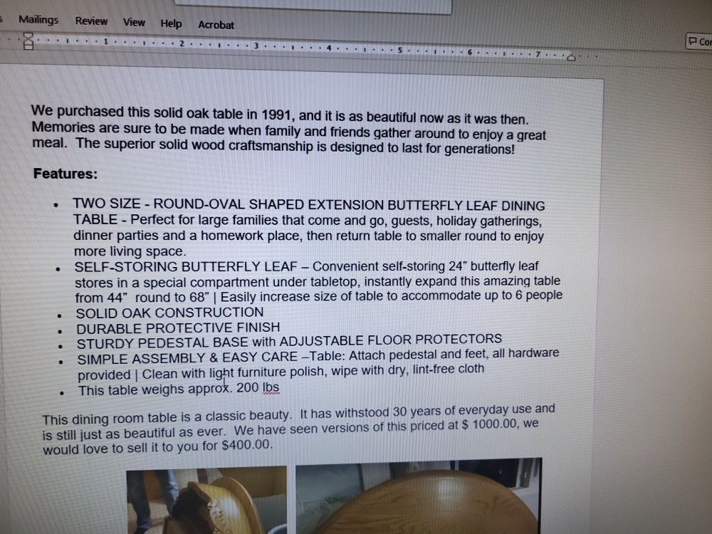 Solid Oak Dining Room Table