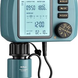 Programmable Water Timer with Flow Meter for Garden Hose, Eco Mode, Manual Watering, Rain Delay, Child Lock, for Lawn, Yard, Pool, Mist System
