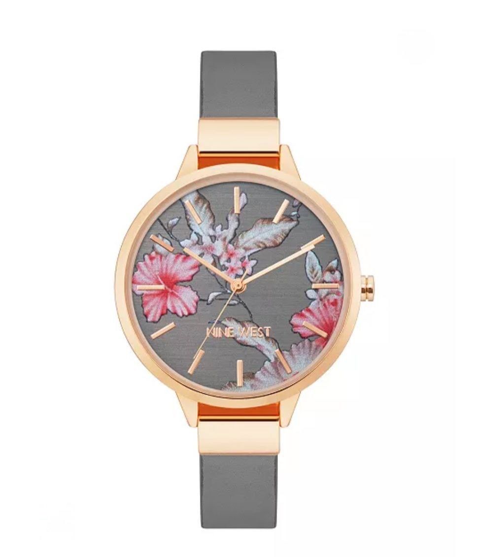 Nine West brand. Women's Quartz Gray Faux Leather Band and Floral Pattern Watch.