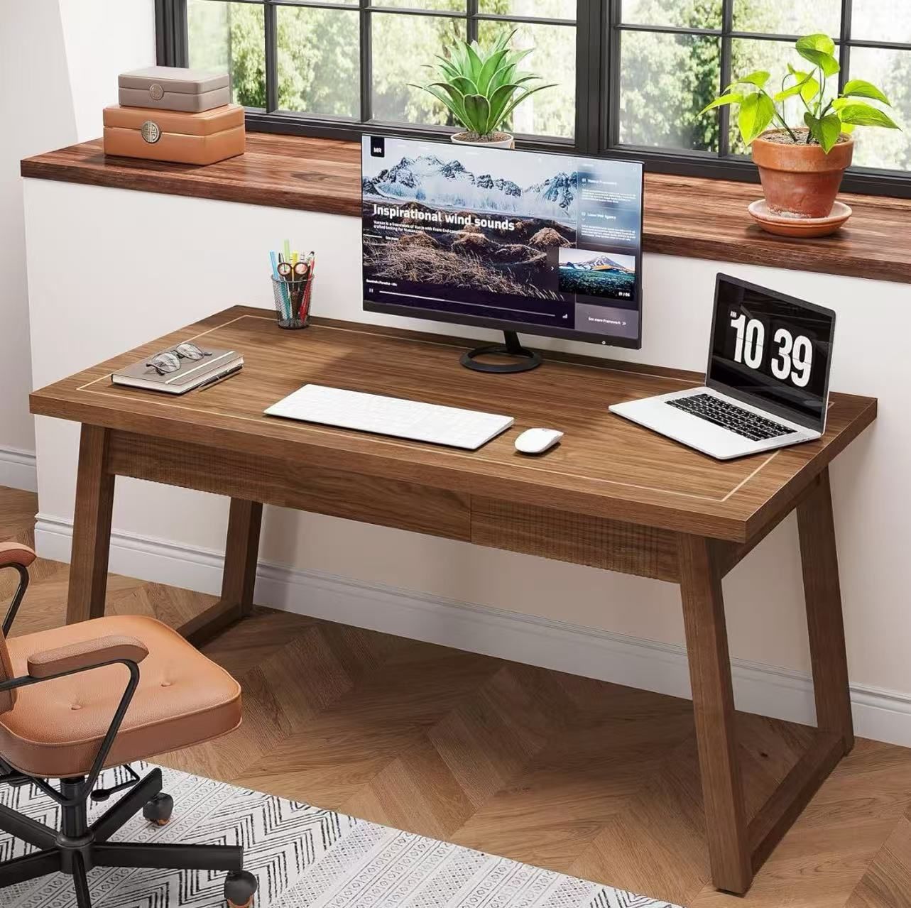 Home Office Executive Desk: 55 Inches Wooden Computer Desk with Drawer $140