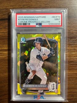 Investment card SSP /75 2025 Bowman Sapphire Kevin McGonigle Chrome Prospect Yellow PSA 9