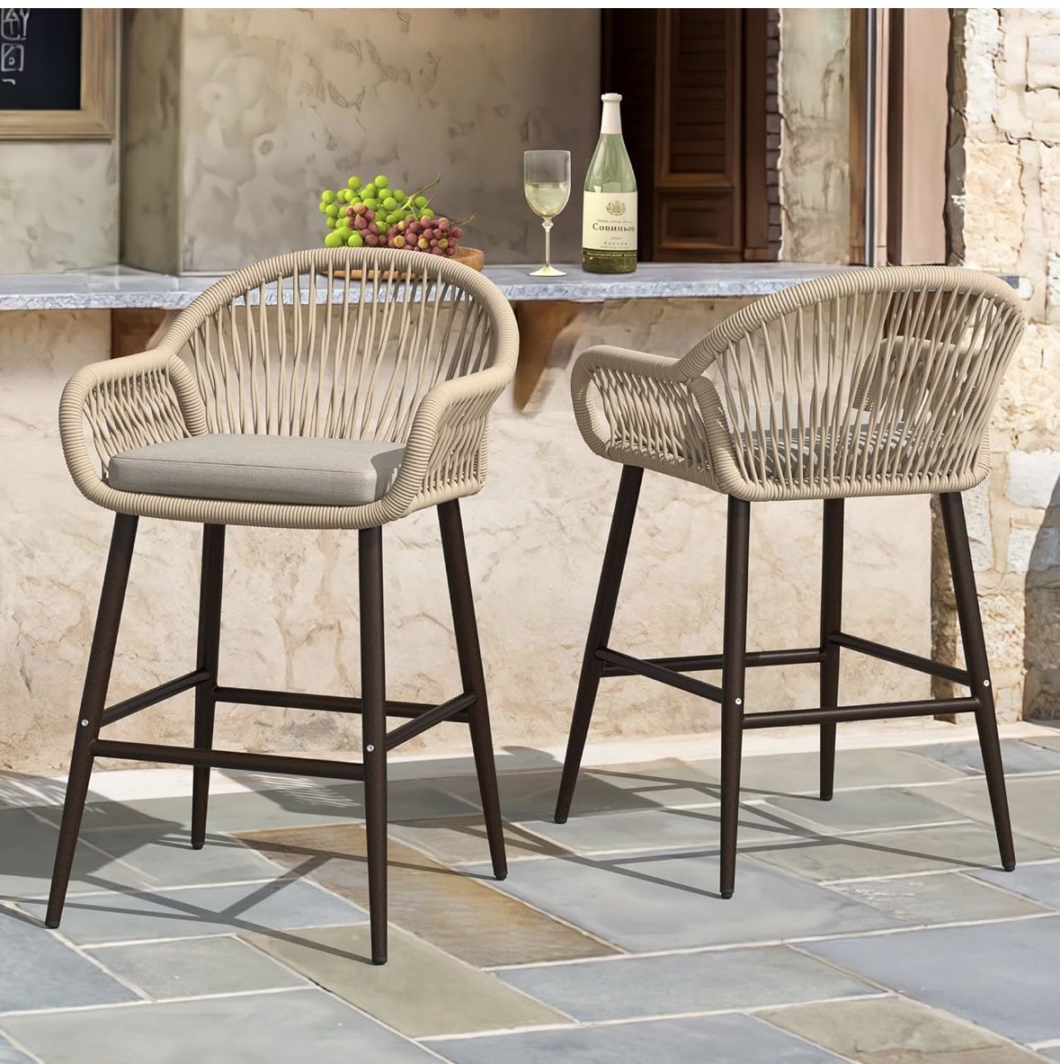 H Rattan Boho Outdoor Counter Height Bar Stools Set of - Main Image