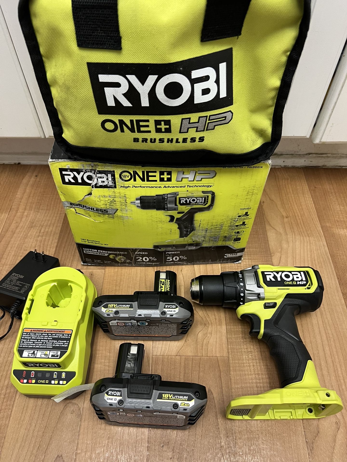 RYOBI ONE+ HP 18V Brushless Cordless 1/2 in. Drill/Driver Kit with (2) 2.0 Ah HP Batteries, Charger, and Bag