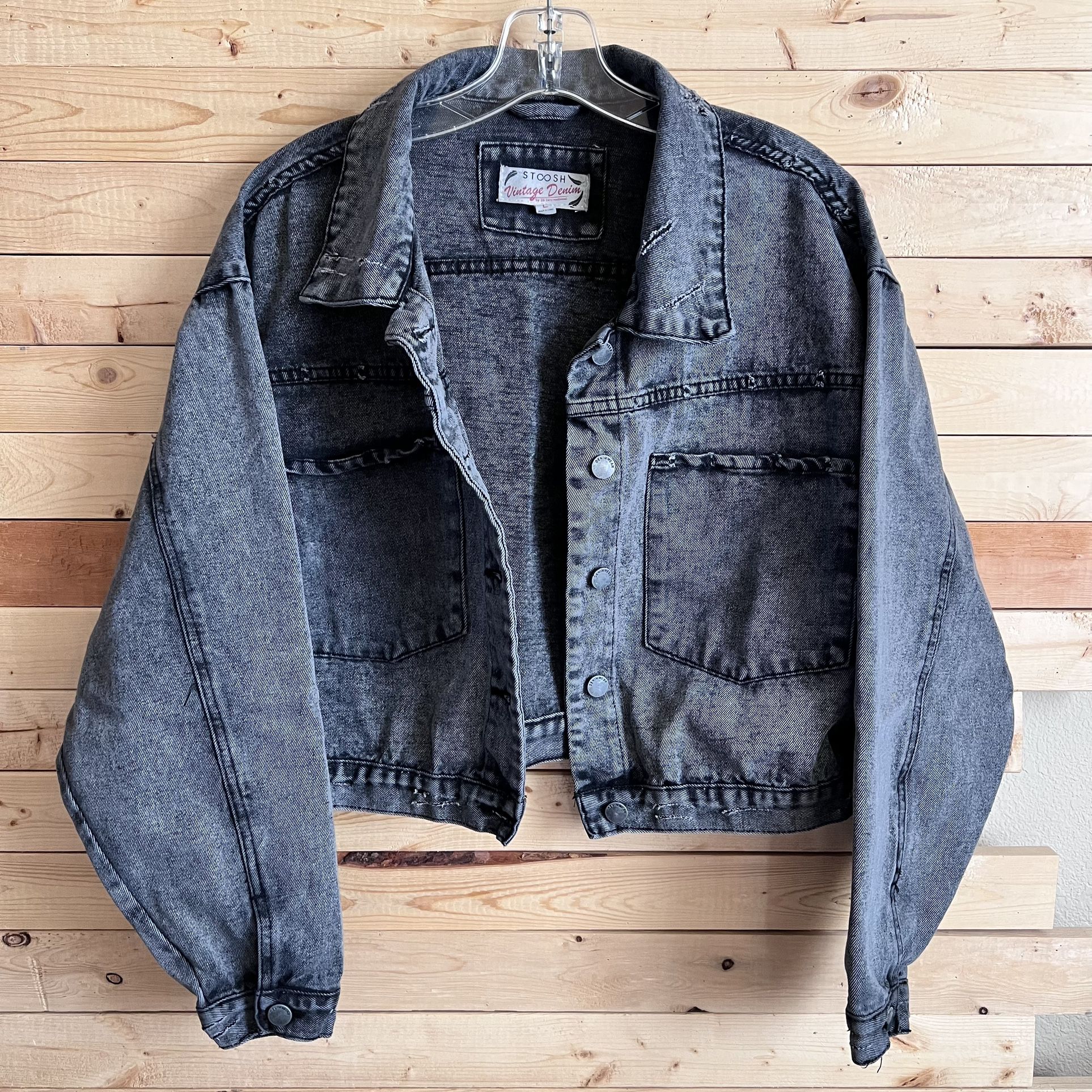Stoosh Vintage Denim distressed Black Gray Acid Wash Denim Jeans Jacket size L