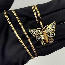 14k three tone gold butterfly pendant charm & Valentino link 20” chain Necklace 2.4mm 8 grams