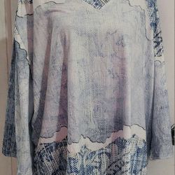 Women 3/4 Sleeve White And Blue Tops Size 3XL