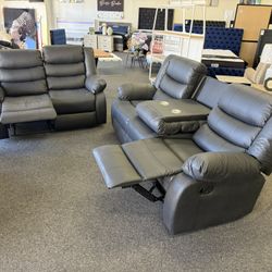 Black Leather Reclining Sofa Set 