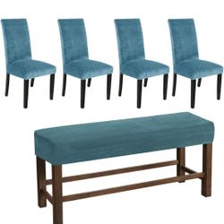 Stretch Velvet 4Pcs Dining Room Chair Cover Parsons Chair Slipcover 1 PCS Dining Bench Cover Removable Seat Protector for Dining Room (Blue)

