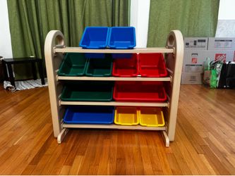 Kid toy organization rack with bins