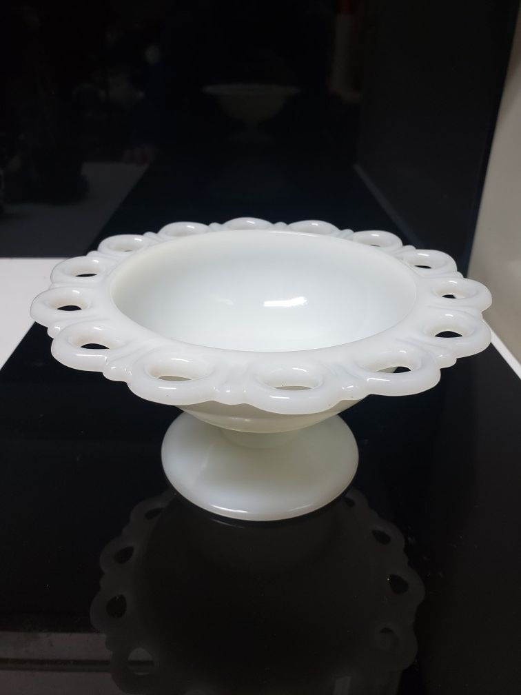 Milk glass pedestal bowl lace rim