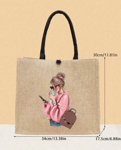 1pc Simple Flower Name Printing Linen Handbags, Simple Travel Bags, Large-Capacity Travel Packaging Bags, Multi -Functional Portable Handbags, Thank Y