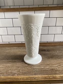 Vintage Milk Glass Vase Colony Harvest by Indiana Glass Co. Grapes Leaves Pedestal Cottagecore