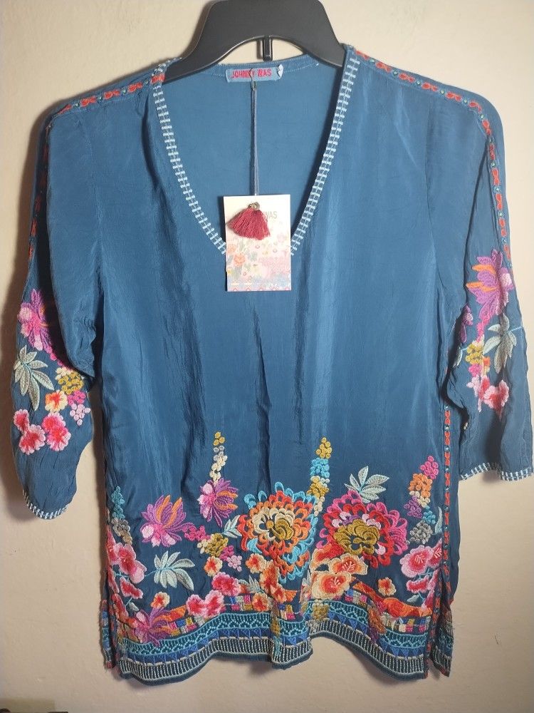 New Johnny Was Top Araxi Tunic Embroidered Boho Artsy Women S