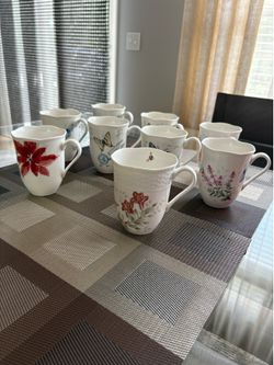 Beautiful Lot of 9 Mixed Lenox Porcelain Scalloped Mugs - Butterfly & Winter Meadow Patterns