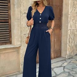Jumpsuits for Women Dressy Casual Short Sleeve Pants Rompers 2026 Button V Neck,Smocked Waist Wide Leg Teacher Outfits with Pockets,One Piece Outfits 