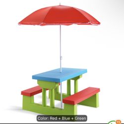 Kids Picnic Table, Safe PP Table & Bench Set with Removable & Foldable Umbrella, Kids Activity Table Set Seat up to 4 Children for Backyard, Gar