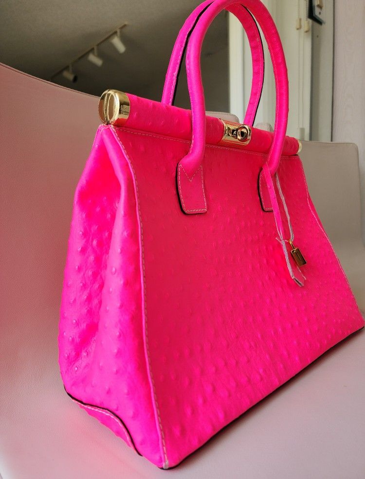 Genuine Leather Handbag - Made in Italy - Neon Pink