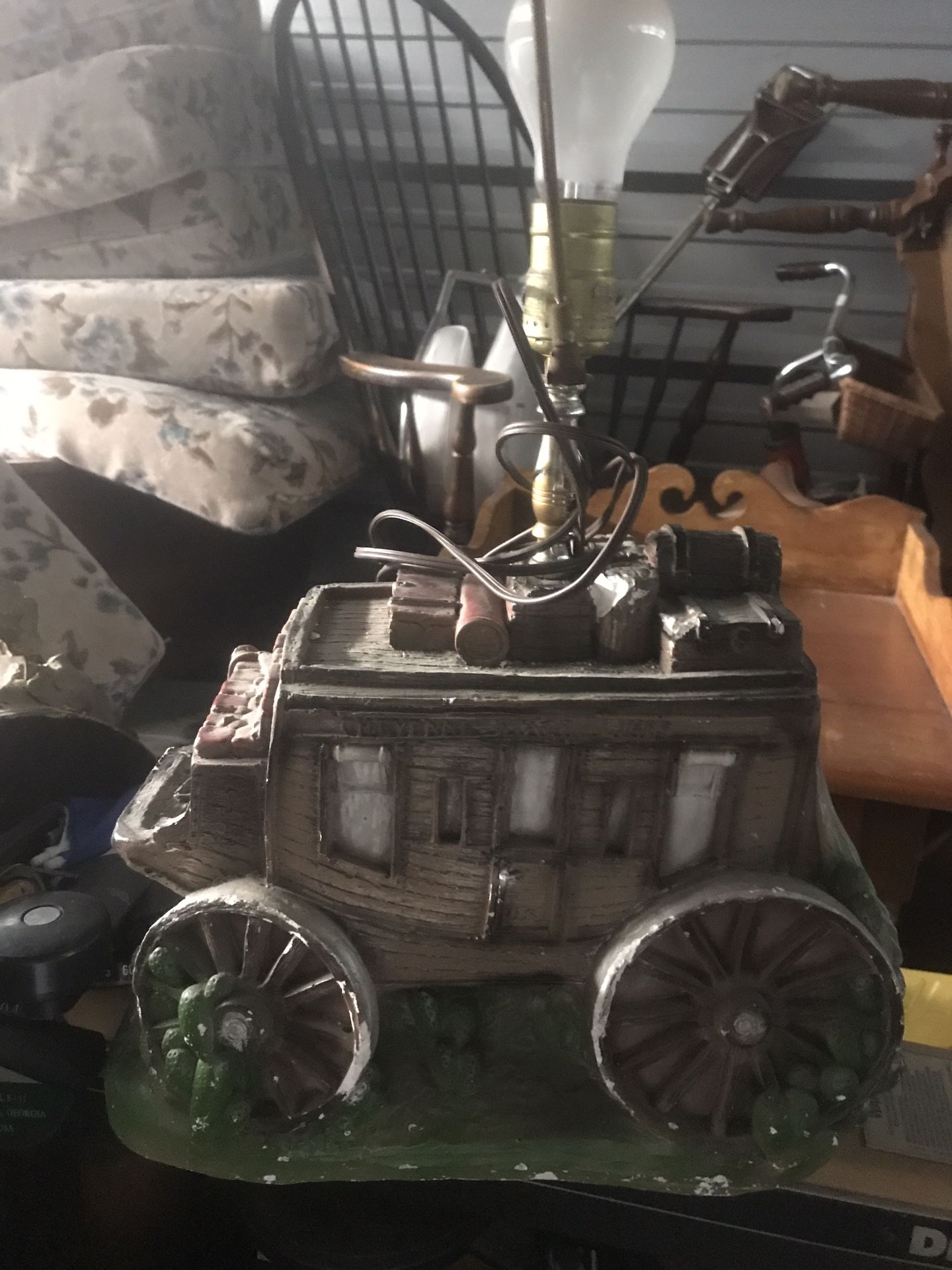 Antique chalk ware Stage Coach lamp