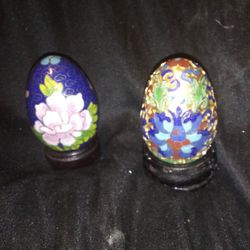 2 Vintage Cloisonne Eggs With Wooden Holders. Buying Both For The Price