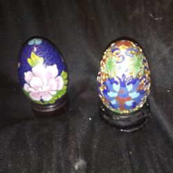 2 Vintage Cloisonne Eggs With Wooden Holders. Buying Both For The Price