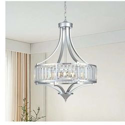 New Modern Chrome Crystal Chandelier, 20 Inch Large Ceiling Pendant Light Fixture with 50'' Adjustable Hanging Chain, 5-Light Farmhouse Chandelier