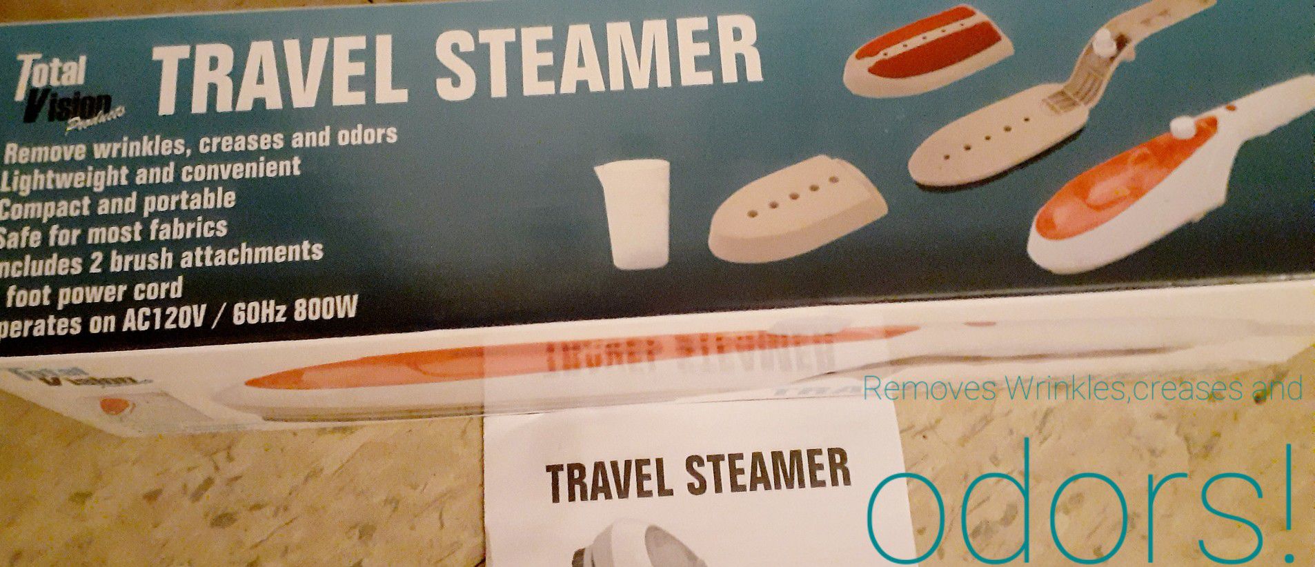 *TRAVEL STEAMER*. REMOVES WRINKLES, CREASES & ODORS! TWO BRUSH ATTACHMENTS.